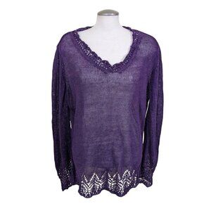 Talbots Linen Open Knit Top Womens XL Deep Plum Purple Sweater Made In Italy